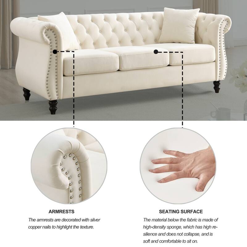 Classic 3-Seat Chesterfield Sofa with Solid Wood Frame & Plush Foam - Stylish Loveseat