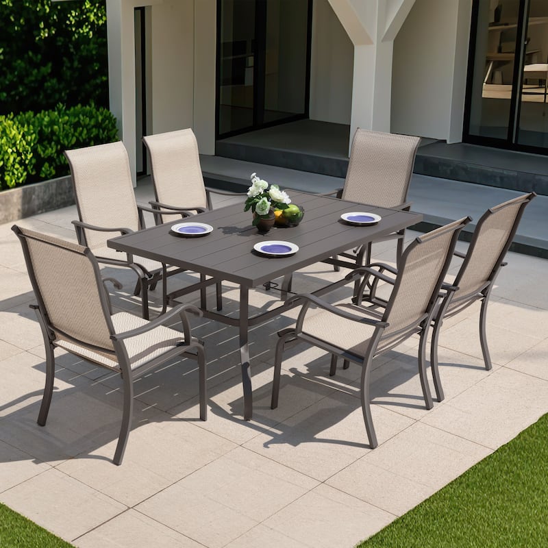 Patio 7-Piece Textilene Dining Set with Umbrella Hole, Beige and Gray