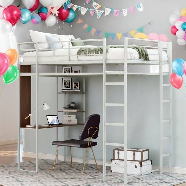slide 2 of 9, Twin Size Loft Bed With 2 Shelves And 1 Desk,2 Built-in Ladders for Home Silver
