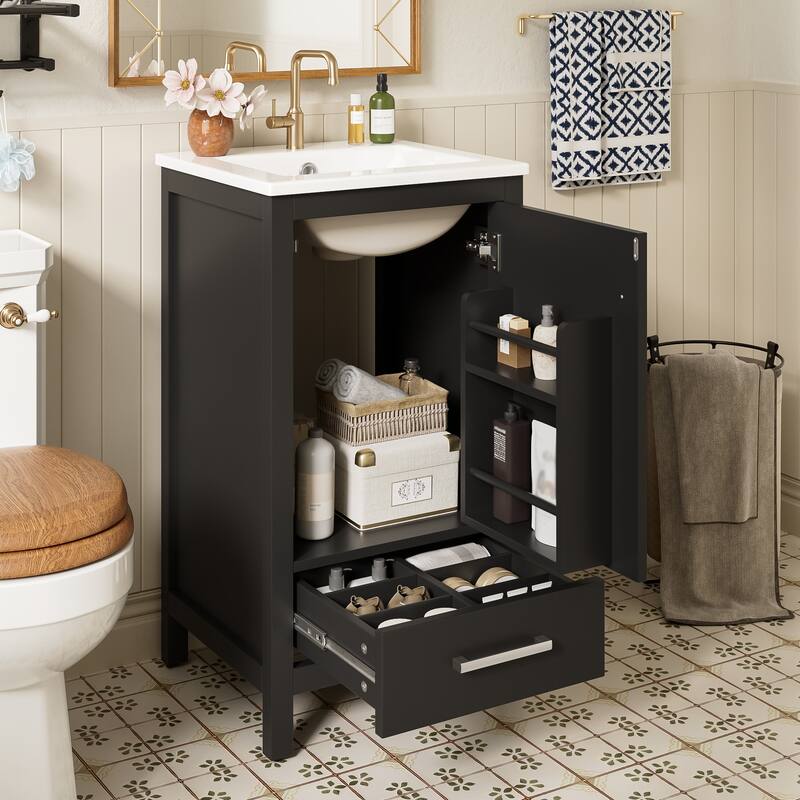 Roomfitters 18" Modern Bathroom Vanity with Ceramic Sink, Soft-Close Drawer, Divider Drawer and Door Organizer