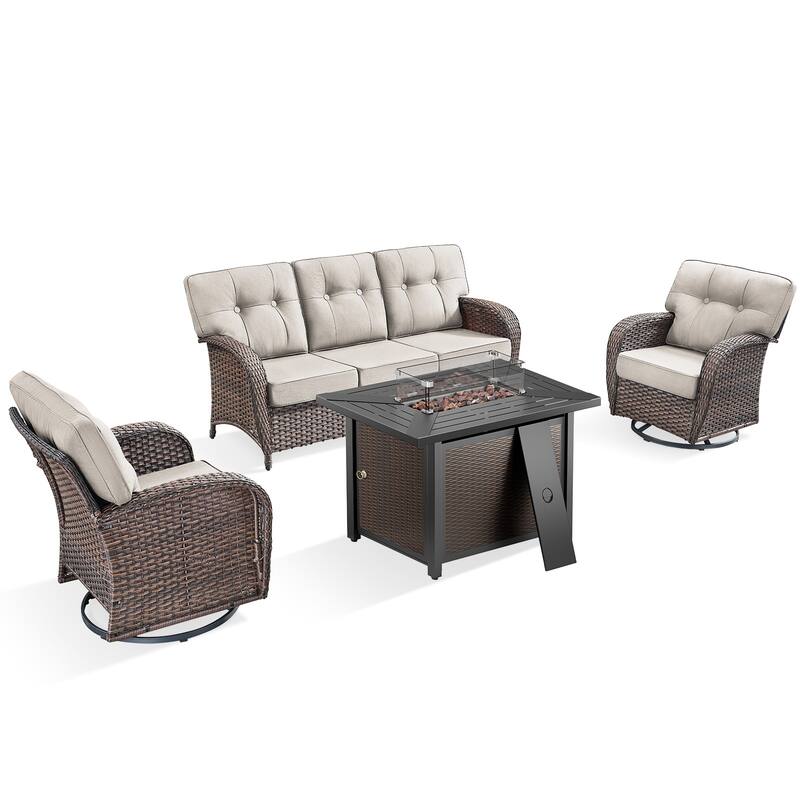 Pocassy Outdoor 43 In Fire Table with Sofa Swivel Chair Set