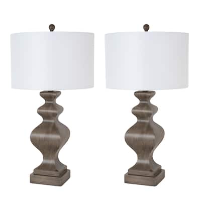 Brown Resin Coastal Table Lamp Set of 2 with White Linen Drum Shades and 3 Way Switch - 16” x 16” x 30” (D x W x H)