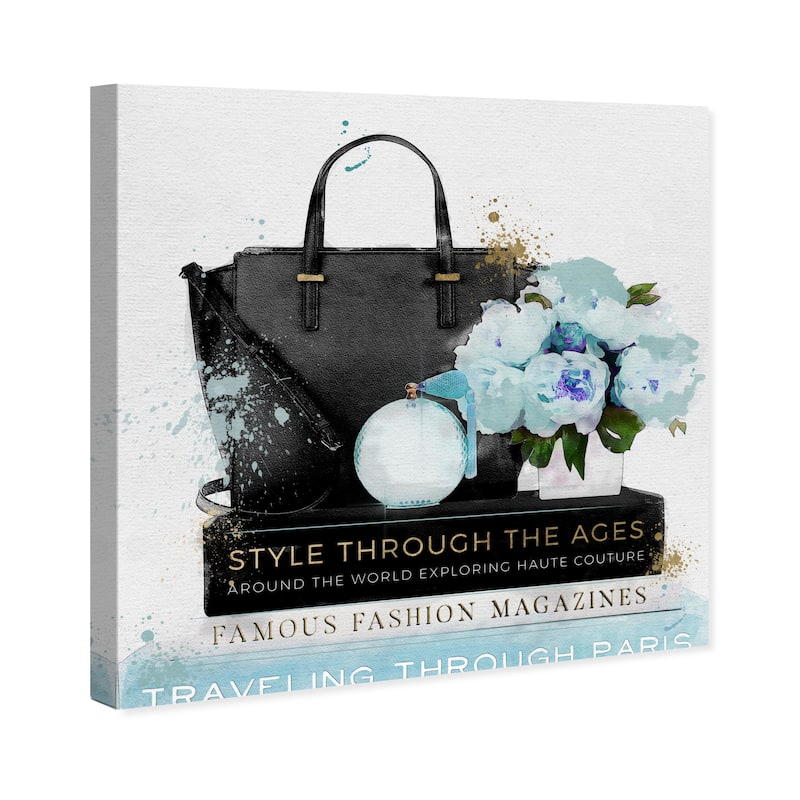 Wynwood Studio Canvas Fashion and Glam My Purse and My Essentials Blue Blue and Pastel Blue Glam Wall Art Canvas Print
