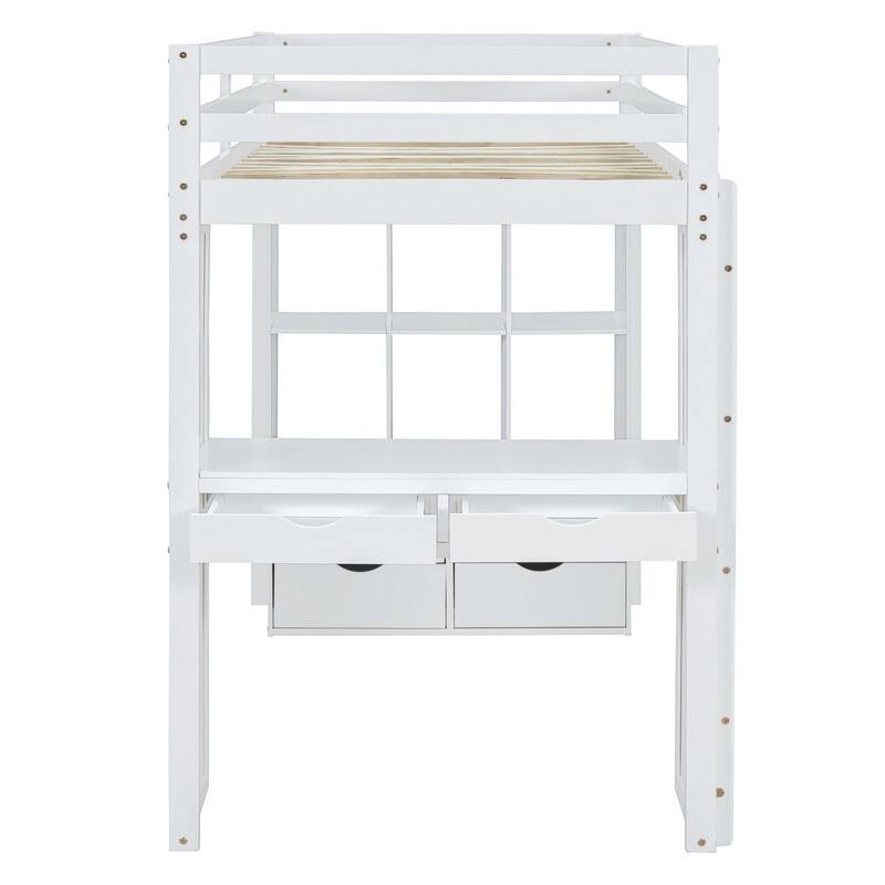 Twin Size Solid Wood Loft Bed with Desk,Shelves,and LED Light