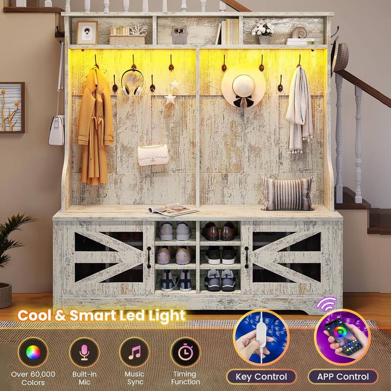 Hall Tree w/ Bench Shoe Storage Shoe Cubby Barn Door Adjustable Shelf