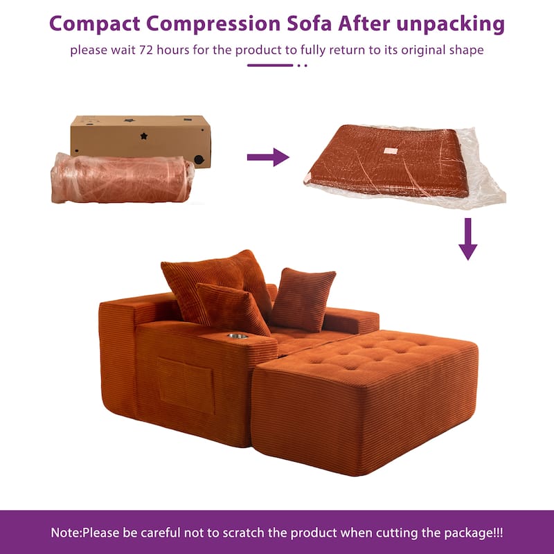 Corduroy Upholstered Memory Foam Sofa With Ottoman Upholstered Bean Bag Couch - 48.4"Lx67.7"Wx24.4"H