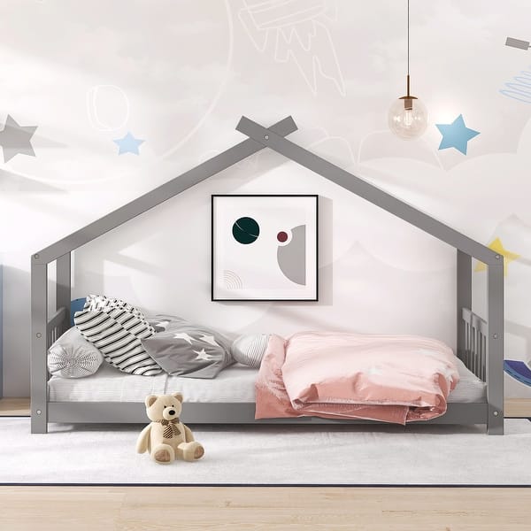 slide 2 of 29, Twin House Bed with Roof & Playhouse Design - Pinewood Frame Gray