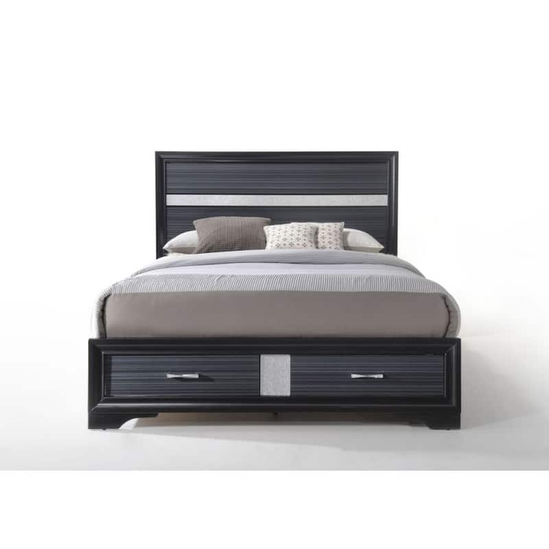 Nae Queen Size Bed, Rubberwood, Gray, Textured, Shimmery Acrylic Trim
