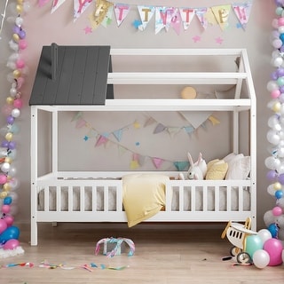 Twin Size Wood House Bed With Fence and Solid Construction For Bedroom