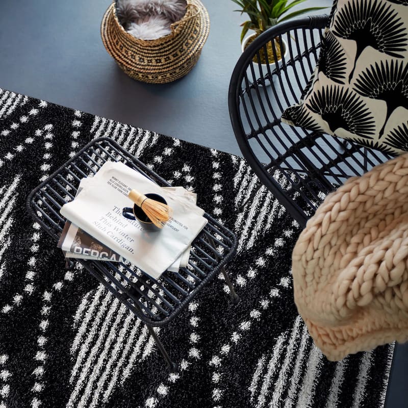 Geometric Shag Area Rug - Durable for Living Room, Bedroom - Polyester with Jute Backing - Anthracite Dark Gray and White