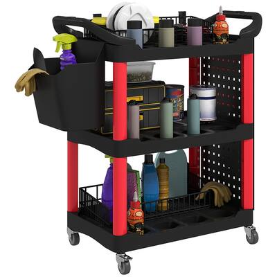 Adjustable Workshop Stool with Lumbar Support, Locking Wheels and Metal Tray and Bottle Holders