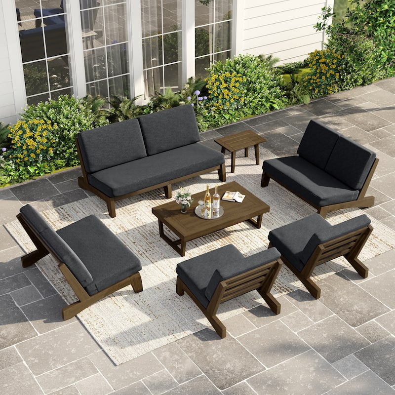 Casual Teak Wood Large 7-Piece Outdoor Patio Conversation Set - Natural Wood - Dark Grey