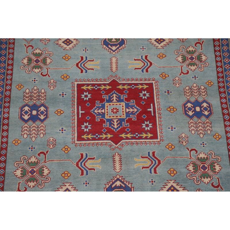 Hand Knotted Oriental 100% Wool Carpet Traditional Geometric Navy Blue & Blues Kazak Area Rug - 9' 8'' X 6' 8''