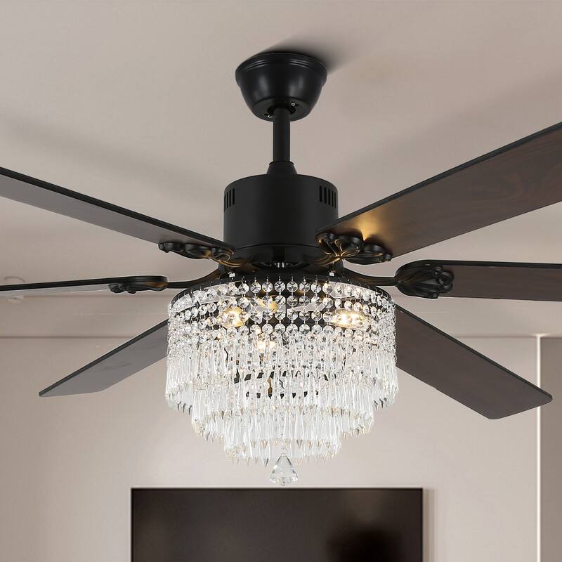 CurveCurio 65" Lagre Ceiling Fan w Crystal Light Shade and Wood Blades, Quiet DC Motor w Remote For Large Room - 65" * 65" * 26" - Matte Black