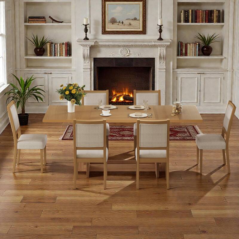 82" Rustic 7-Piece Extendable Dining Table Set with Trestle Base, 6 Upholstered Chairs and Two 12" Removable Leaves