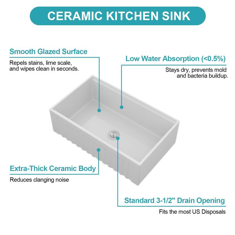 33" White Farmhouse Kitchen Sink Workstation - White Porcelain Ceramic Sngle Bowl Reversible Design Kitchen Sink