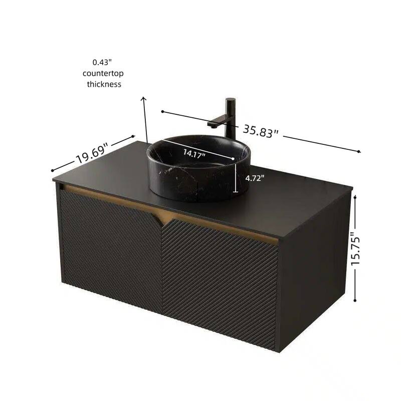 30"/36"/48" Floating Bathroom Vanity with Vessel Sink, Wall Mounted Sintered Stone Countertop Bathroom Storage Cabinet