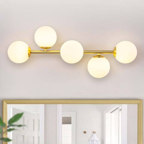 5-Light 27 in. Modern Gold Vanity Light with Frosted Glass Shade - 27 in. W