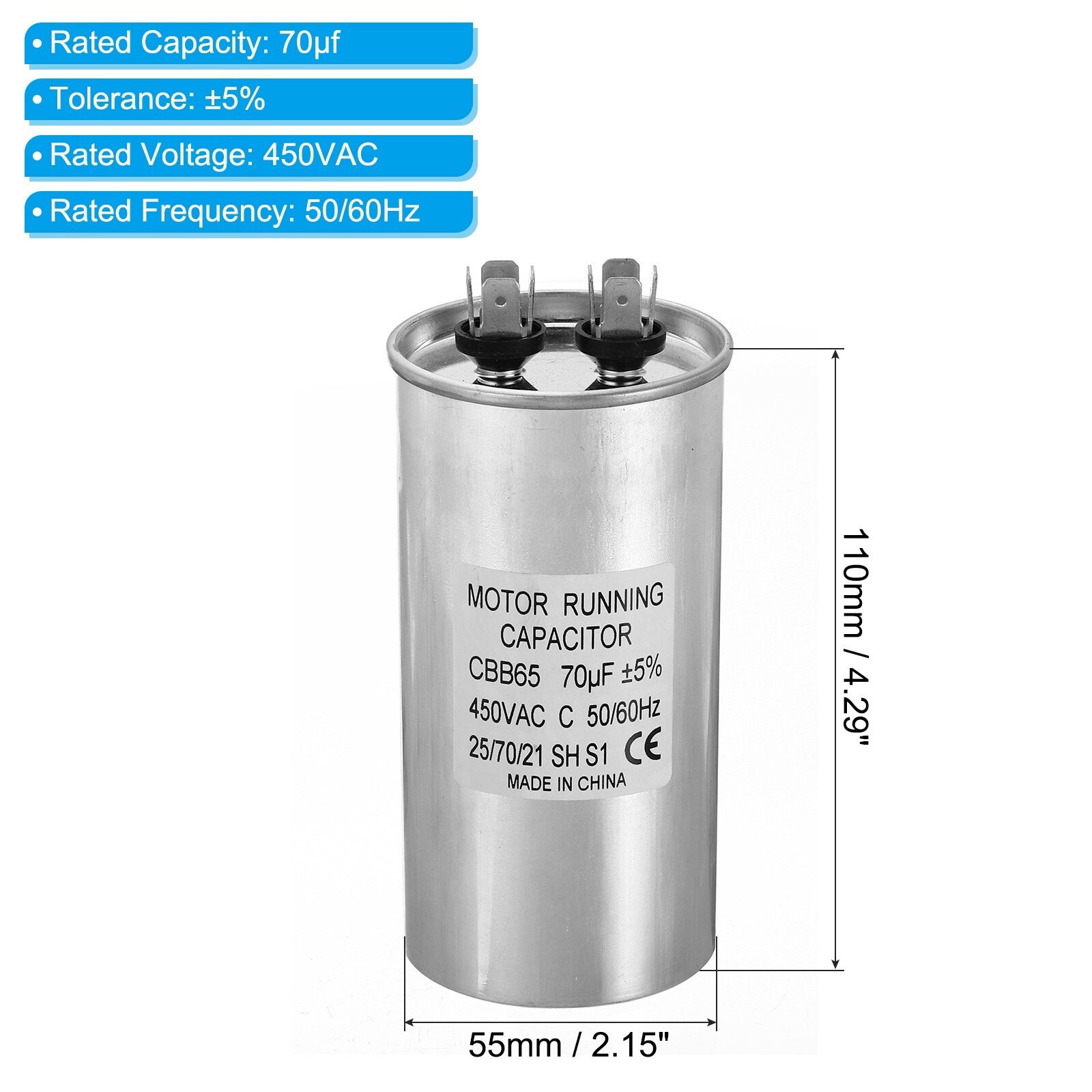 CBB65 60uf Run Capacitor, 60mfd AC 450V Aluminum Case with 2