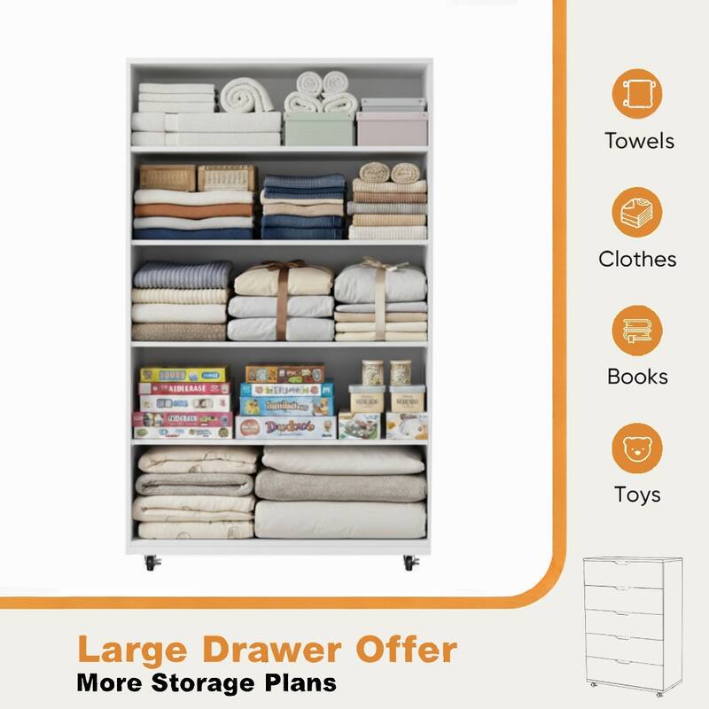 5 Drawer Dresser on Wheels Rustic Brown Rolling Chest of Drawers Storage Cabinet for Bedroom Closet, Wide Drawer Organizer