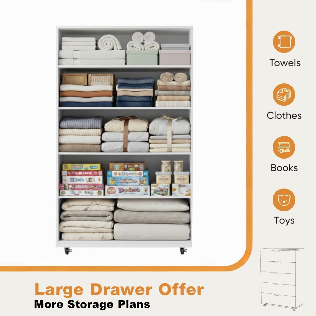 White 5-Drawer Dresser with Wheels - Modern Storage Cabinet