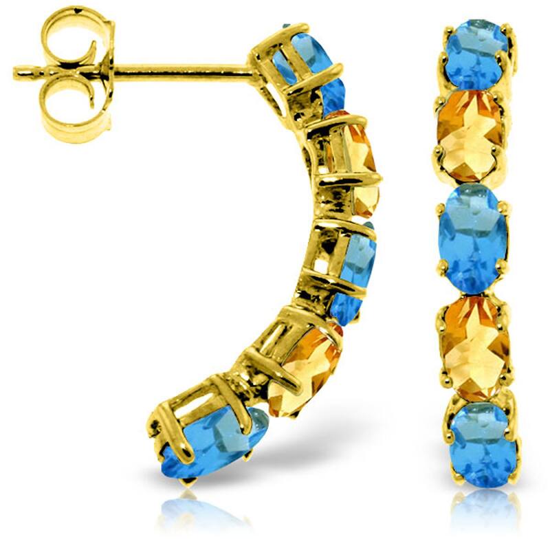 14K Solid Gold Gemstone Earrings w/ Natural Blue Topaz & Citrines - Yellow
