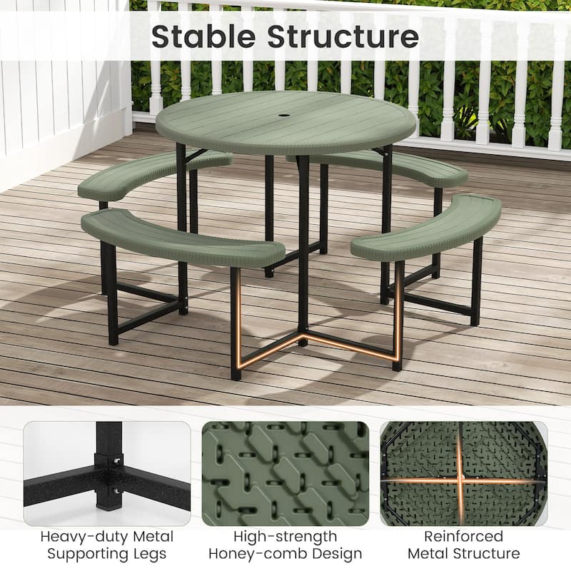 HDPE Round Picnic Table Set with 4 Benches and Umbrella Hole Perfect for Patio or Balcony
