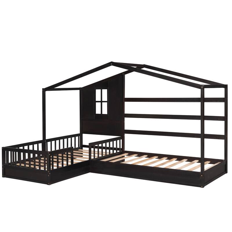 L-Shaped Twin Size Wood Platform Bed Creativity House Bed, 2 Twin Solid Bed with Fence and Slatted Frame