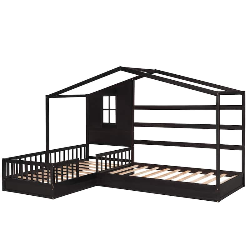 Twin Size Wood House Bed, 2 Twin Solid Bed L Structure with Fence
