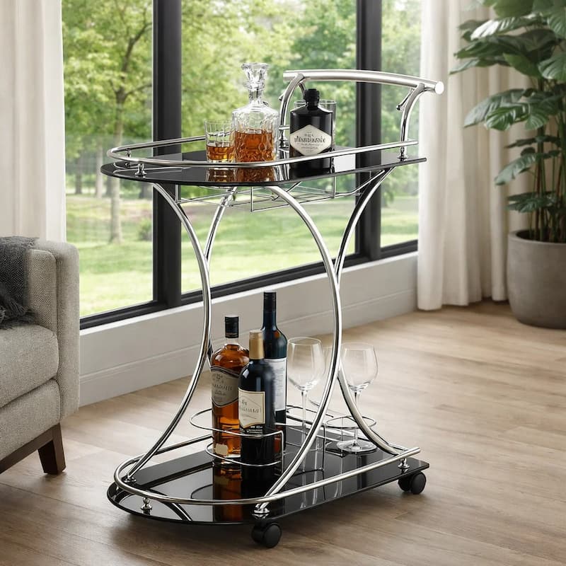 Dazzling Serving Cart With 2 Black Glass Shelves, Silver