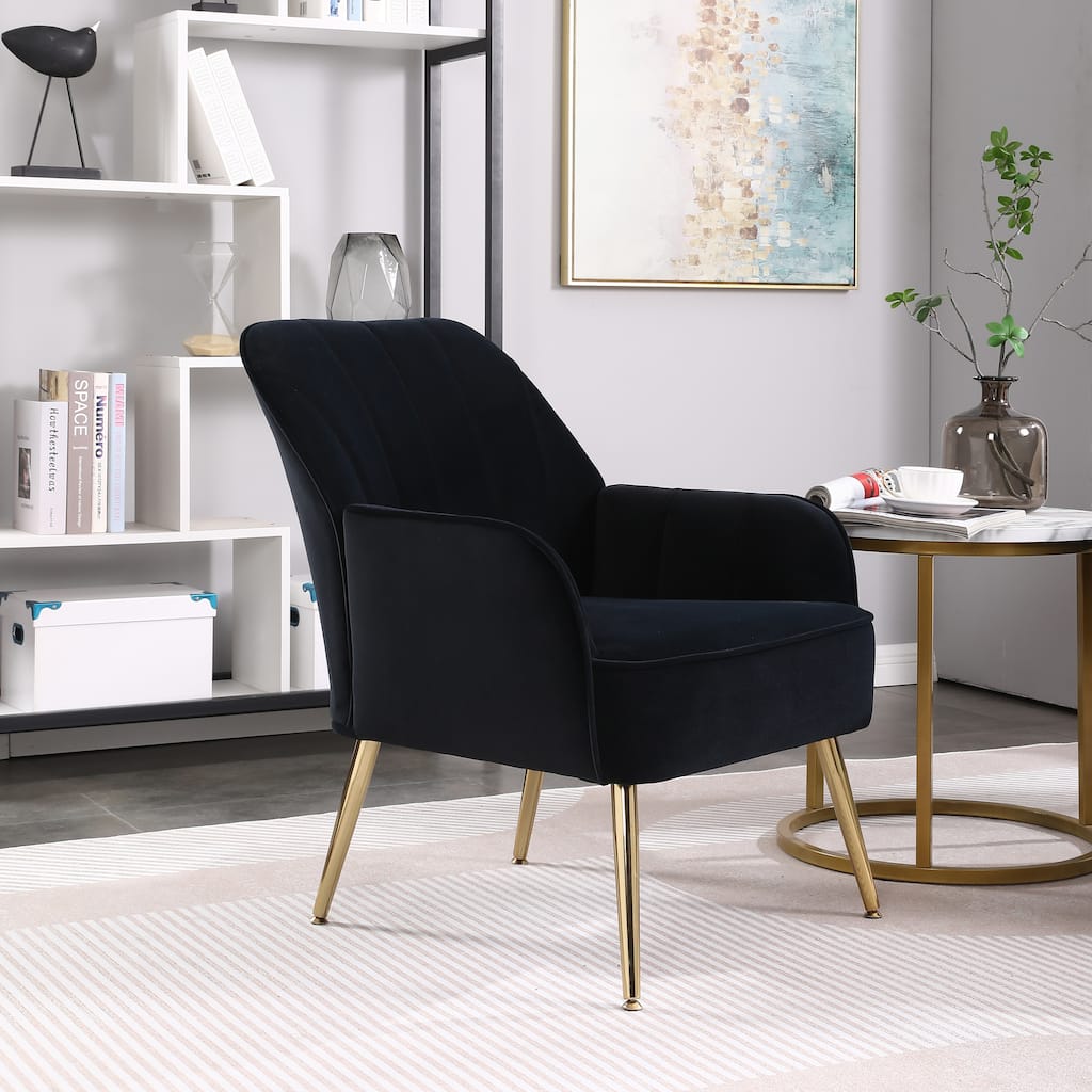 Black Velvet Modern Mid Century 28.7" Sherpa Arm Chair with Iron Legs for Living Room