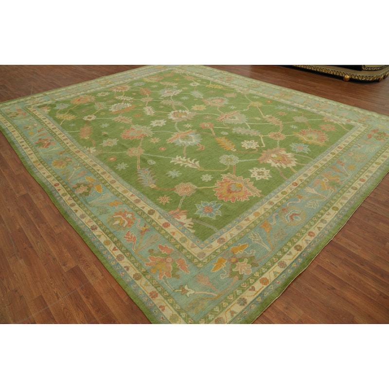 Floral Green Oushak Vegetable Dye Large Rug, Floral Geometric Carpet - 14' 10'' X 11' 10''