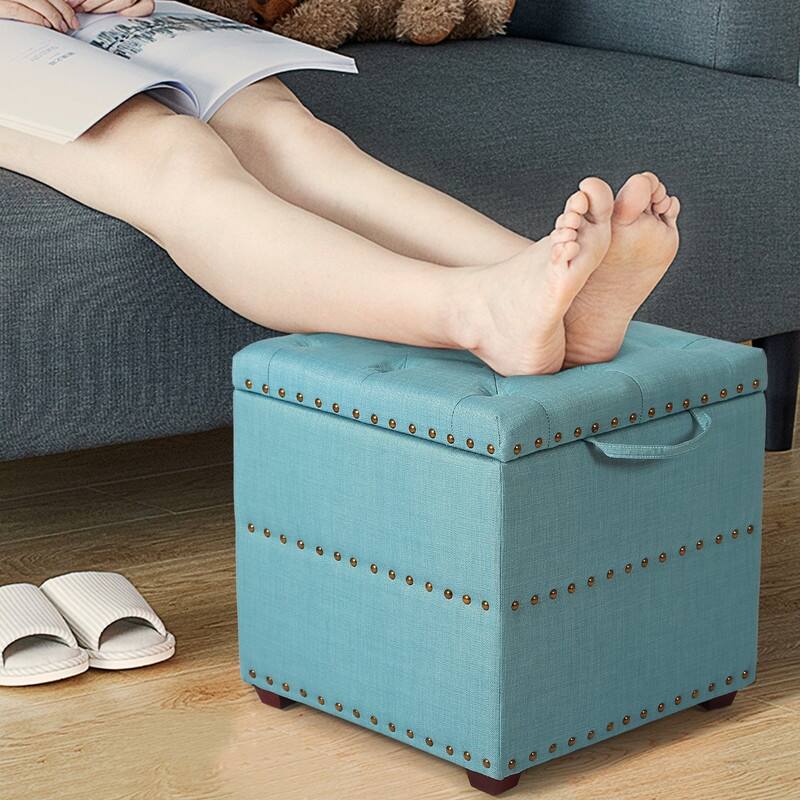 Adeco Fabric Square Ottoman with Tray