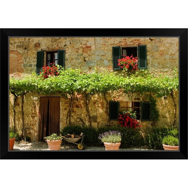 "Potted plants outside a house, Piazza Roma, Monteriggioni, Tuscany, Italy" Black Framed Print