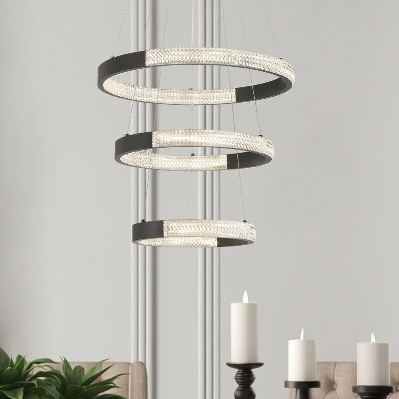 3-Light Unique Tiered LED Chandelier - 18.9'' H x 19.88'' W x 19.88'' D - Black