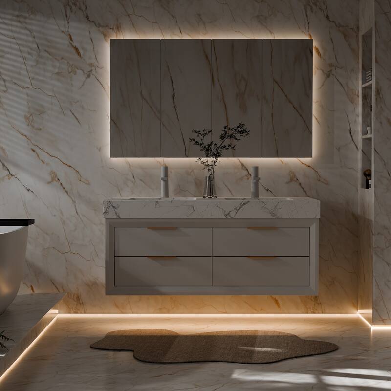 Modland 48" Floating Double Sink Bathroom Vanity with White Stone Countertop, Soft-Close Drawers, LED Lighting