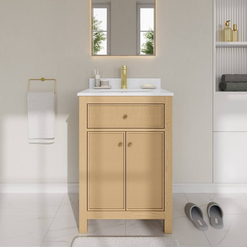 Wyndham Collection WCF9292-24S-QTZ-UNSMXX Pendry 24" Free Standing - Tanned Oak / White Quartz Top / Brushed Gold