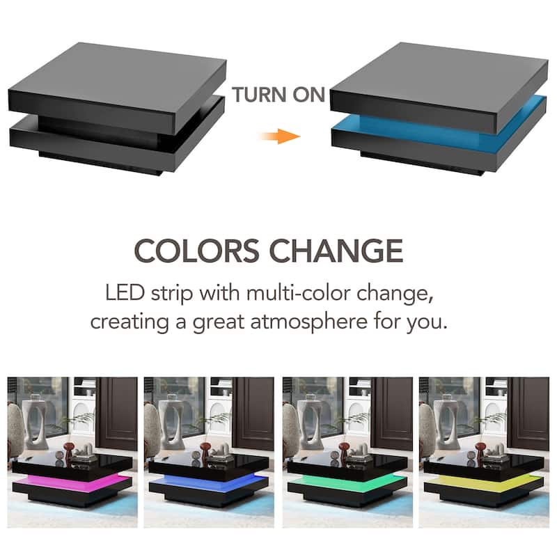 High Gloss Minimalist Design with LED Lights, 2-Tier Square Coffee Table, Center Table for Living Room