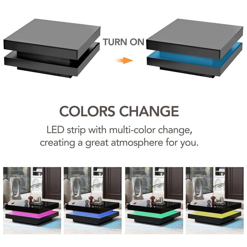 ON-TREND High Gloss Minimalist Design with LED Lights, 2-Tier Square Coffee Table
