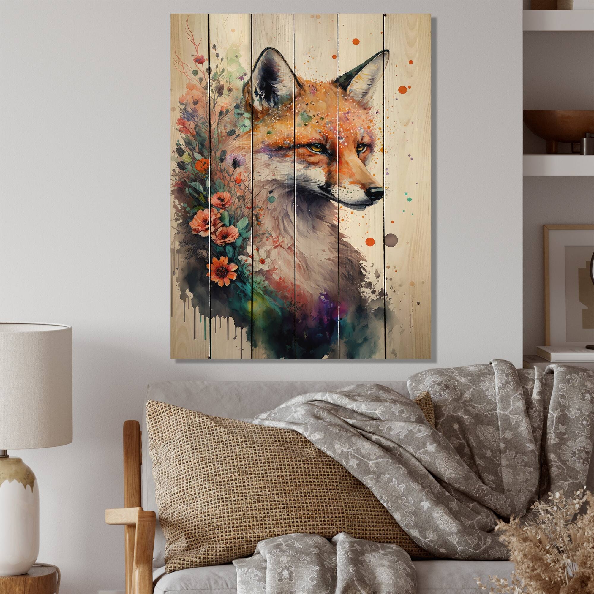 Designart 'Cute Fox Floral Art I' Animals Fox Wood Wall Art - Natural ...