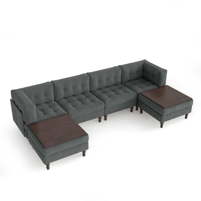 130"W Corduroy Upholstered Modular Sectional Sofa with Storage Ottoman