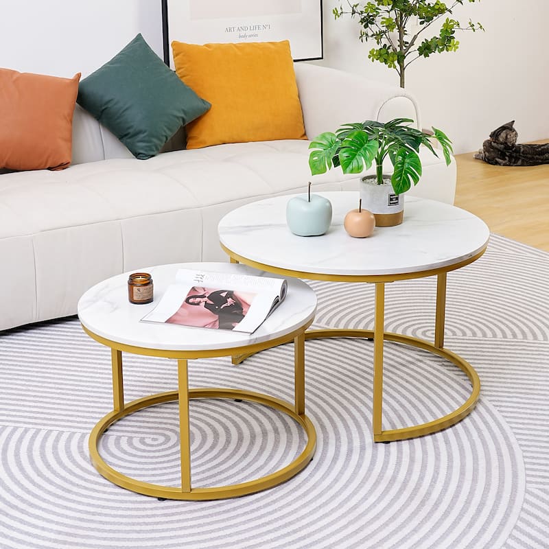 Modern Nugzar Coffee Table Round Metal Nesting Frame in Golden Style Set of 2 - White - Marble