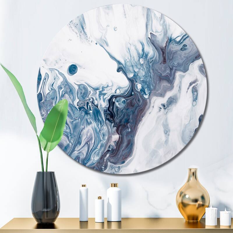 Designart 'Blue Grey And White Liquid Art Waves I' Modern Metal Circle Wall Art - 23x23 - Disc of 23 Inch