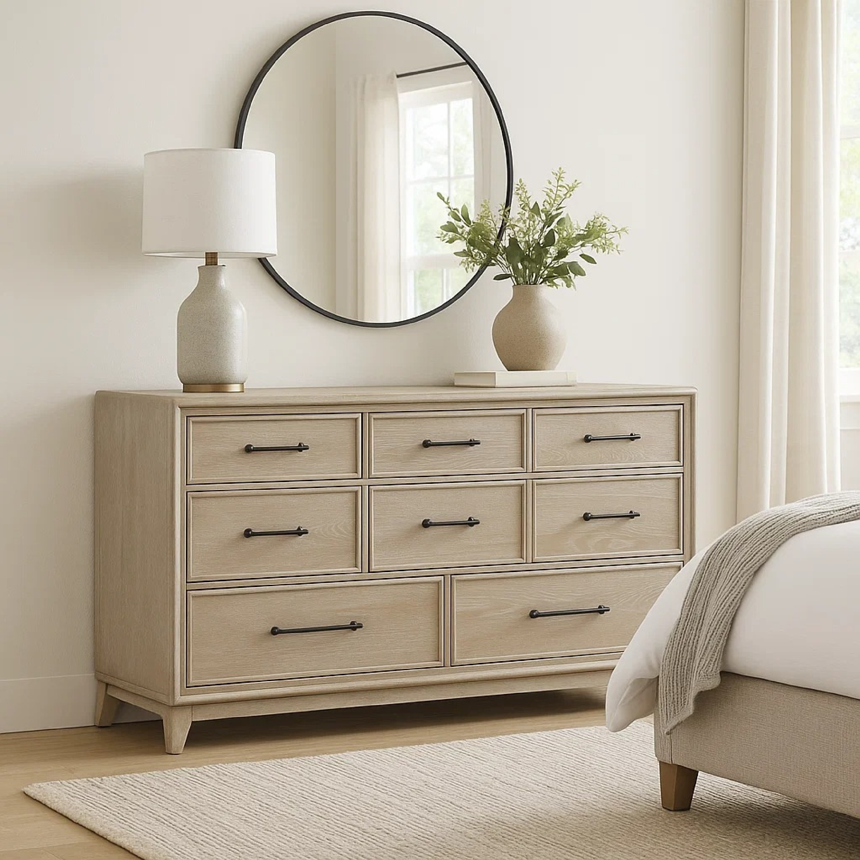 Myna 64 Inch Wide Dresser, 8 Drawers, White Oak Veneer, Solid Wood