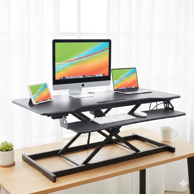Rocelco 46 in. W Black Electric Standing Desk Converter with AC Outlet, USB Charger and Triple Monitor Riser Platform