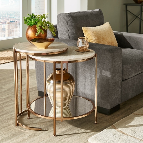 Celsus Champagne Gold Finish Table or Nesting Table Set with Faux Marble Top and Mirrored Bottom by iNSPIRE Q Bold. Opens flyout.
