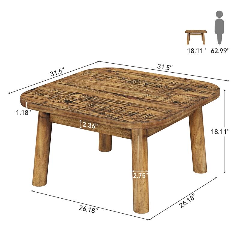 Solid Wood Square Coffee Table, 31.5 Inch Farmhouse Living Room Center Table