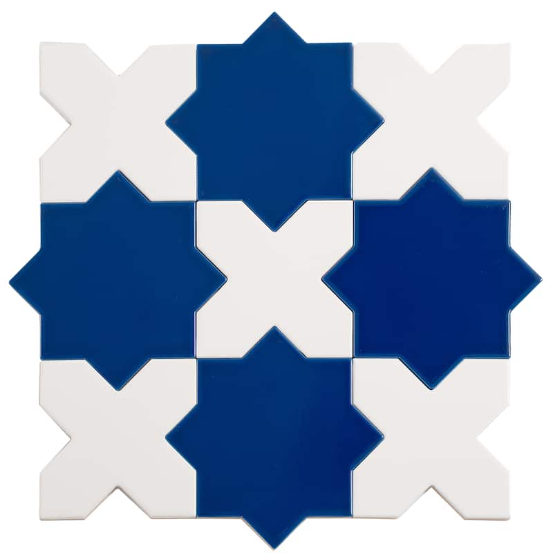 Siena 5" Star with Cross Glossy Ceramic Wall and Floor Tile (10.76 sq ft/case) - 54 Pack - Pearl White, Cobalt Blue
