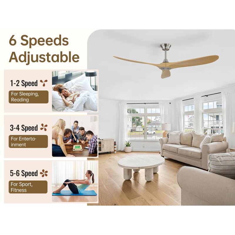 52''/60" Large Ceiling Fan without Lights, Remote Control and Reversible Motor Included, Smart Optinal
