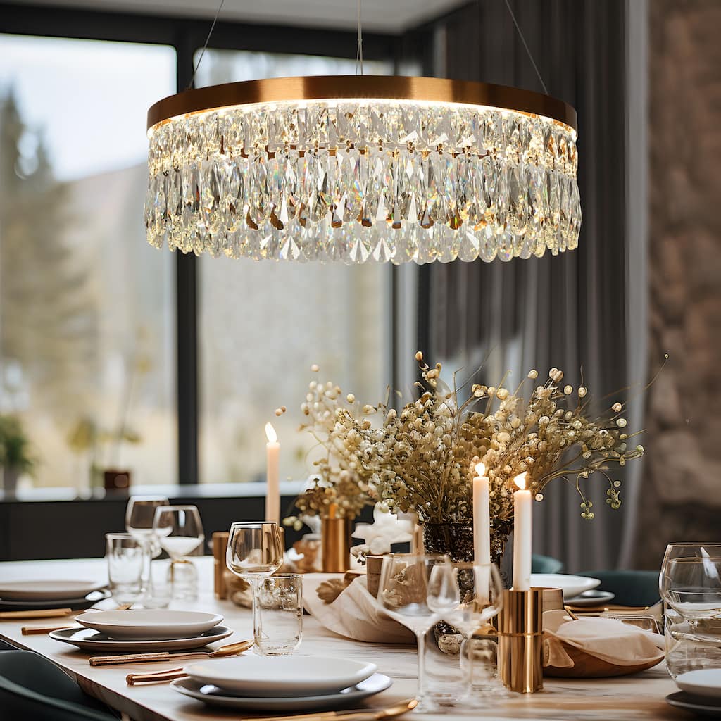 Modern Brass LED Crystal Drum Chandelier for Dining Living Room - Gold - 23.6" Dia. x 7.5" H